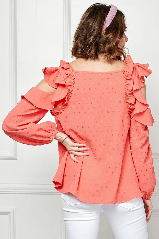 Ruffle Trim Cold Shoulder Swiss Dot Blouse, image 5