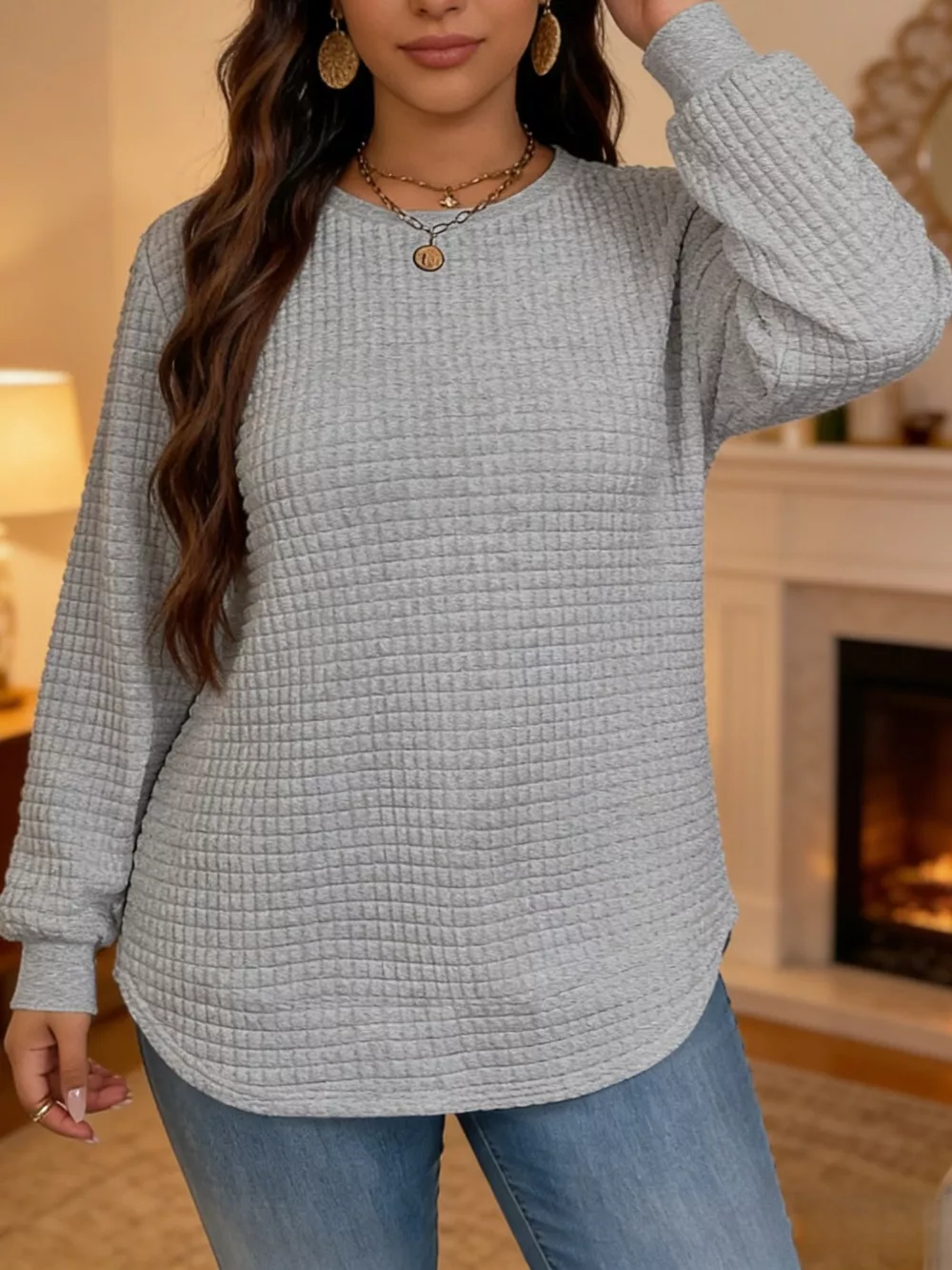 Plus Size Textured Waffle Knit Crew Neck Sweatshirt, image 16