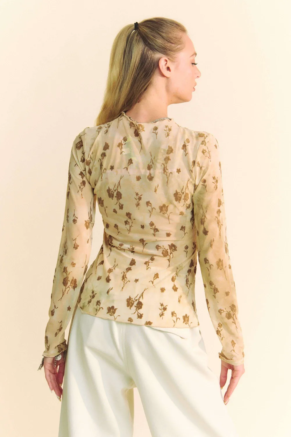 Floral Mesh Long Sleeve Sheer Layering Top, image 4