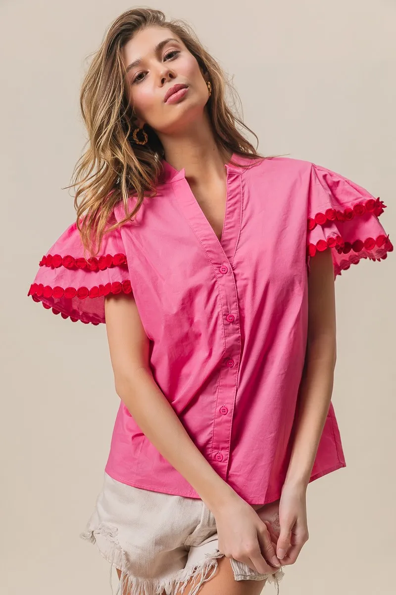 Dot Trim Flutter Sleeve Notched Top, image 5