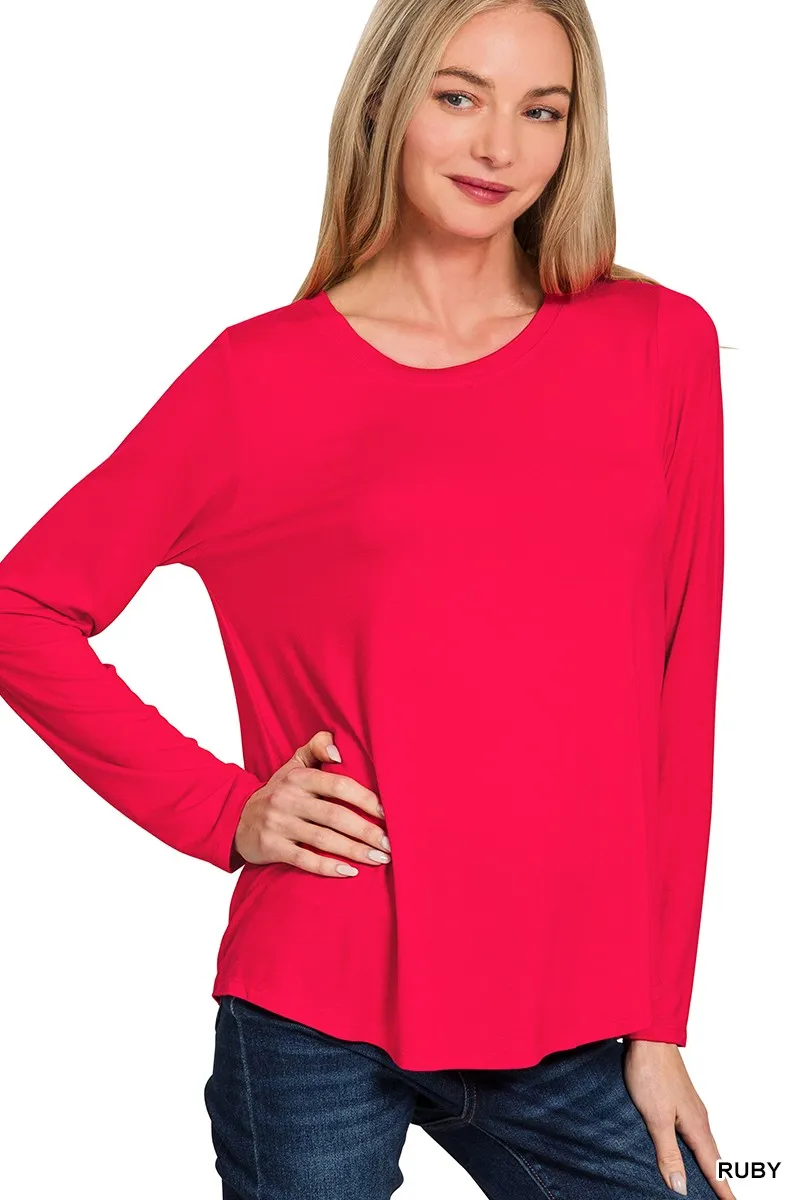 Flowy Round Hem Rayon Long Sleeve Top