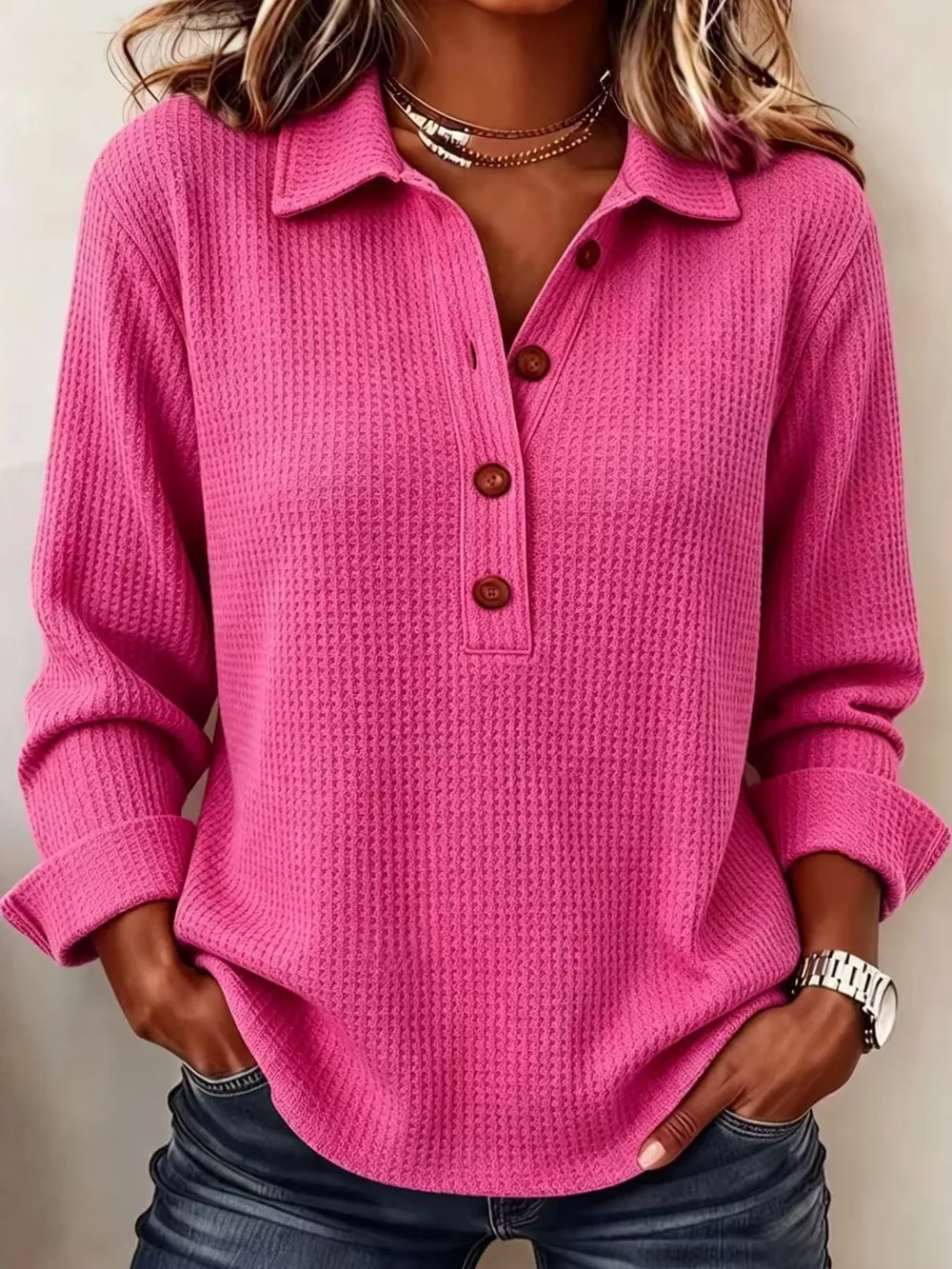 Full Size Waffle Knit Long Sleeve Polo Top Plus Size, image 24