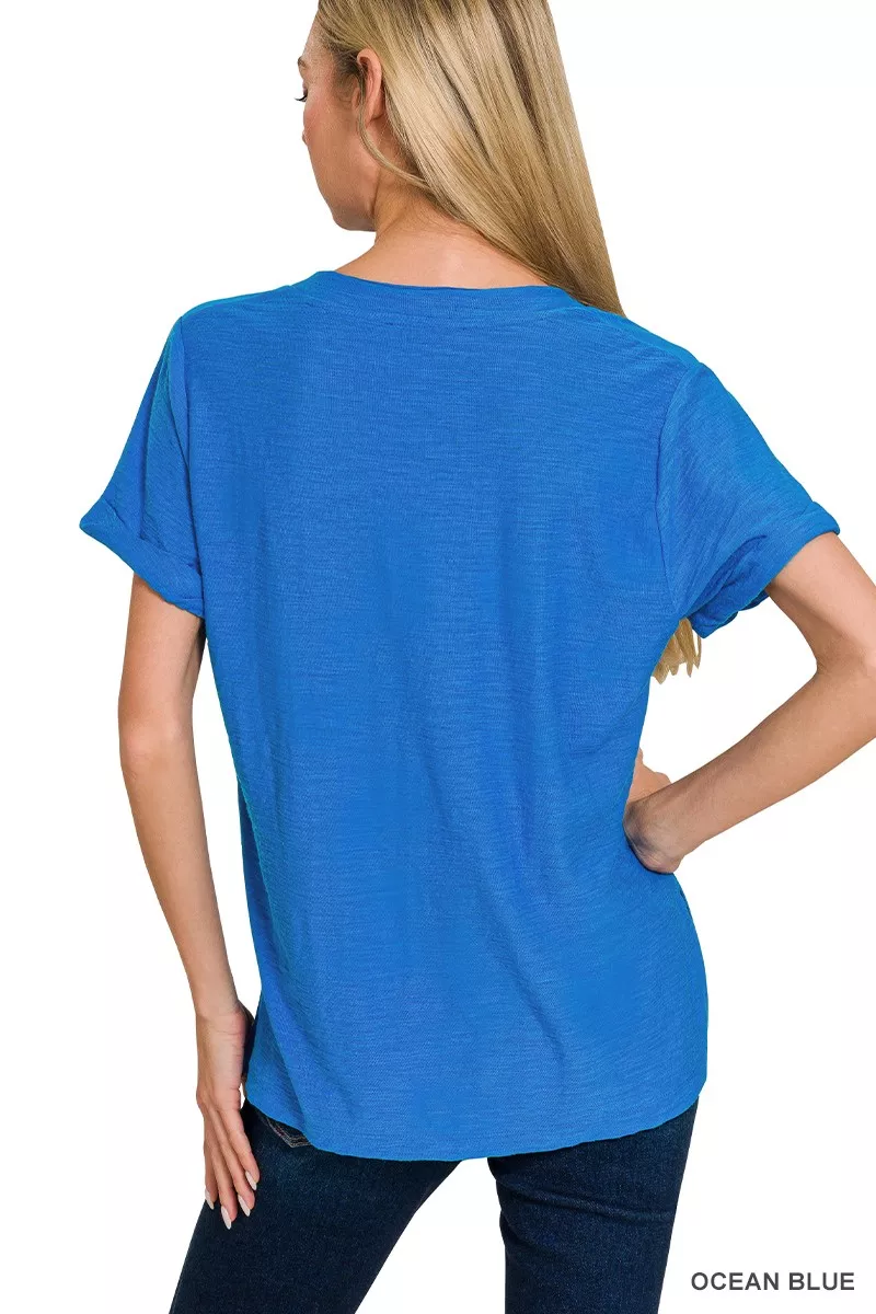 Slub Rolled Short Sleeve V-Neck Tee, image 3