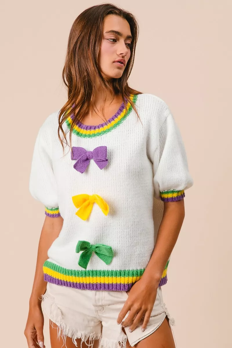 Short Puff Sleeve Ribbon Bow Mardi Gras Sweater, image 17