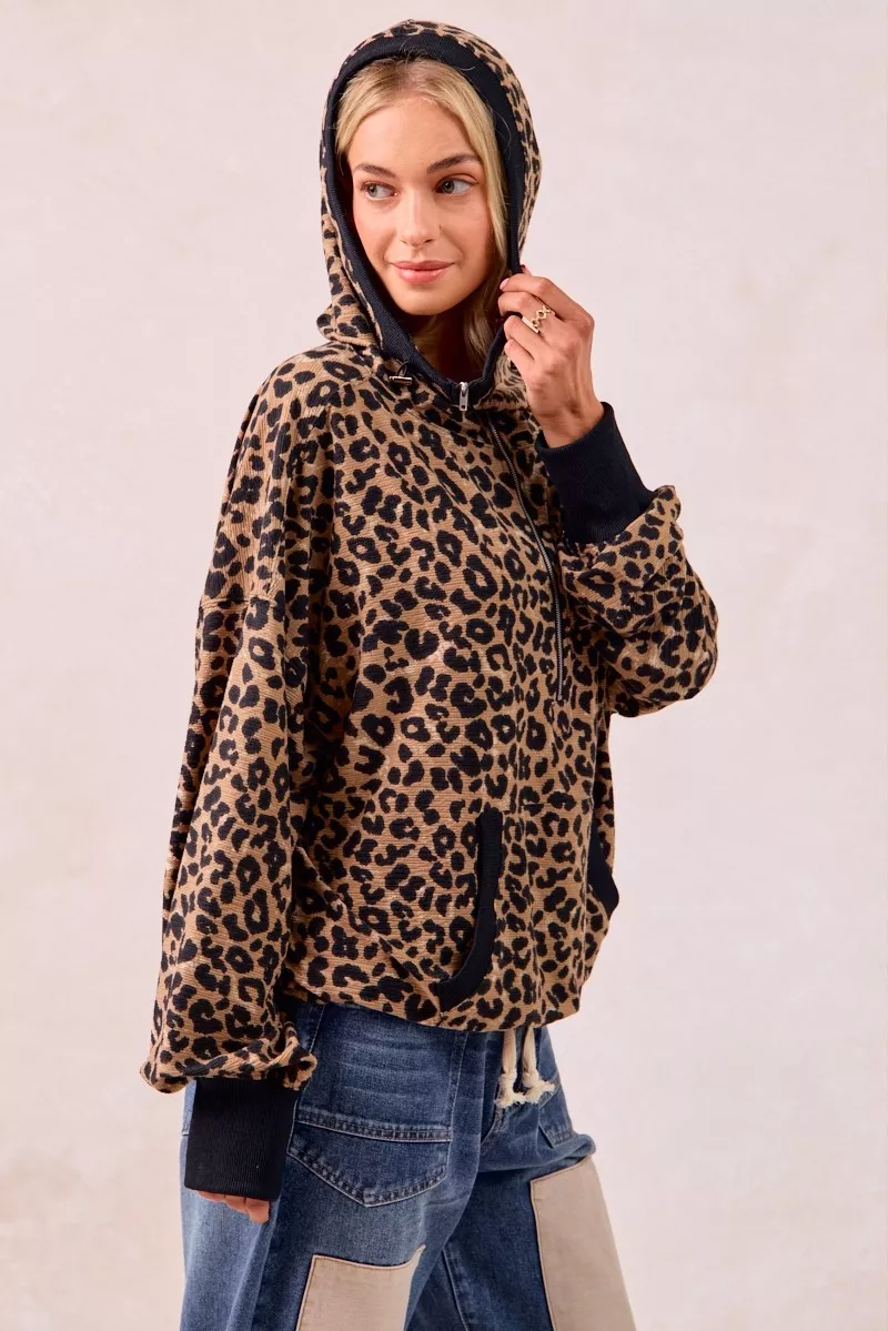 Leopard Print Waffle Half Zip Up Hoodie W Pocket, image 2