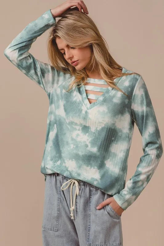 Variegated Tie Dye Rib V-Neck Top with Strapped, image 7