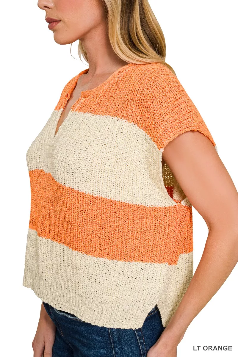 Split Neck Sleeveless Stripe Sweater, image 2