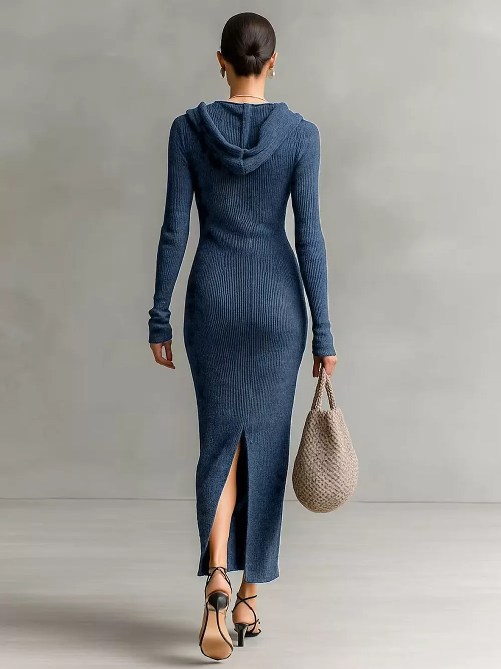 Hooded Knit Maxi Dress with Button-Up Placket and Chest Pockets, image 4