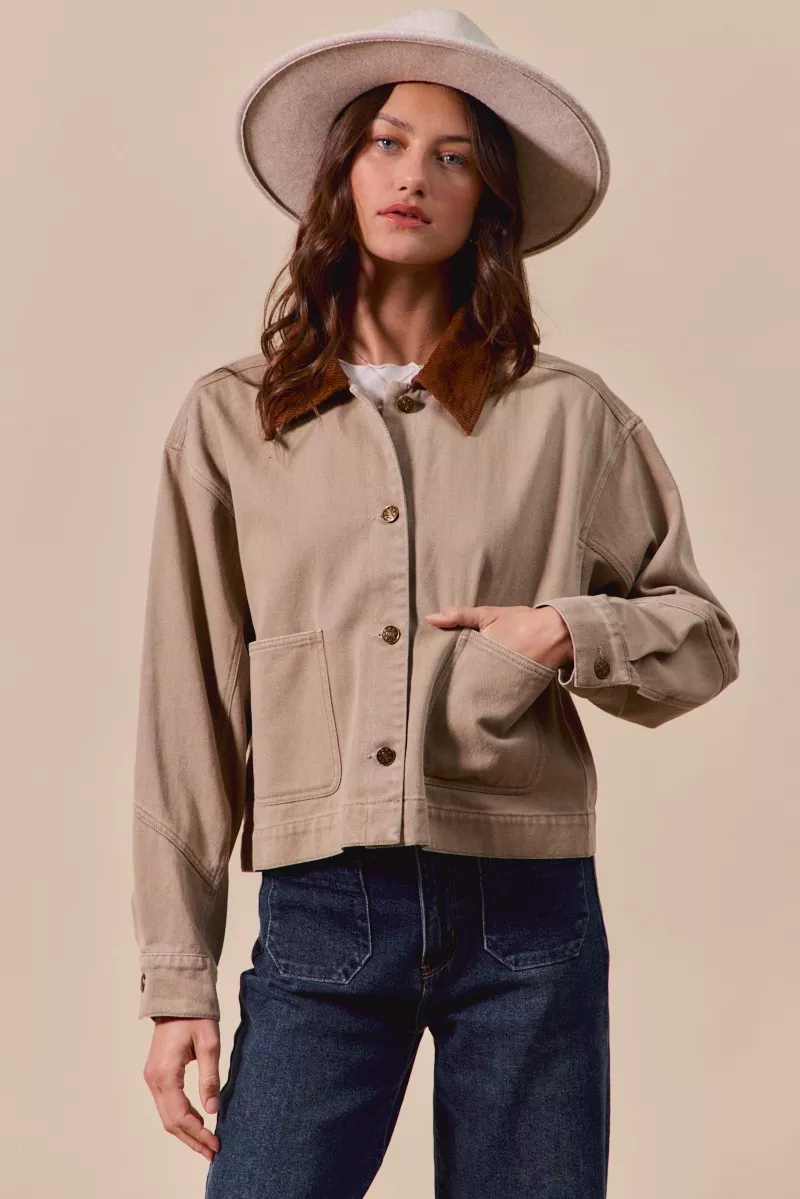 Cotton Twill Cropped Barn Jacket wtih Collar, image 8