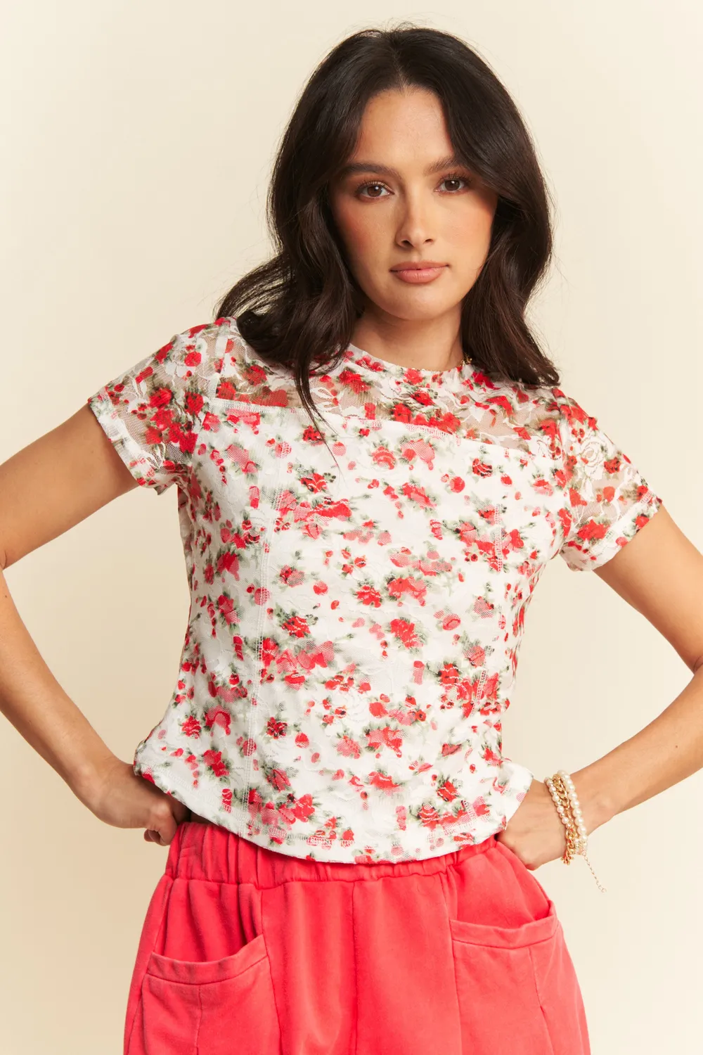 Ribbon Short Sleeve Layered Mesh Top