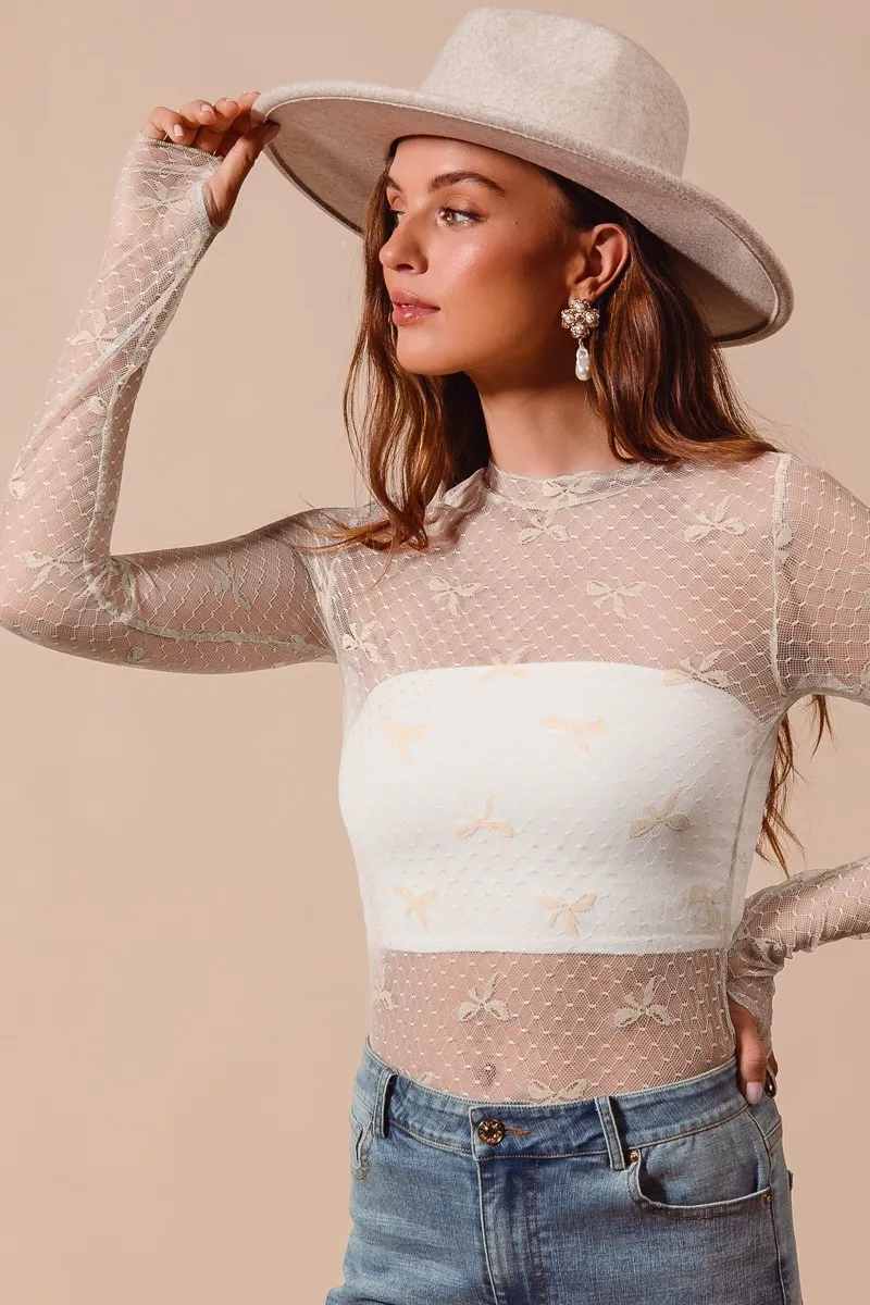 Bow Ribbon Pattern Sheer Lace Top