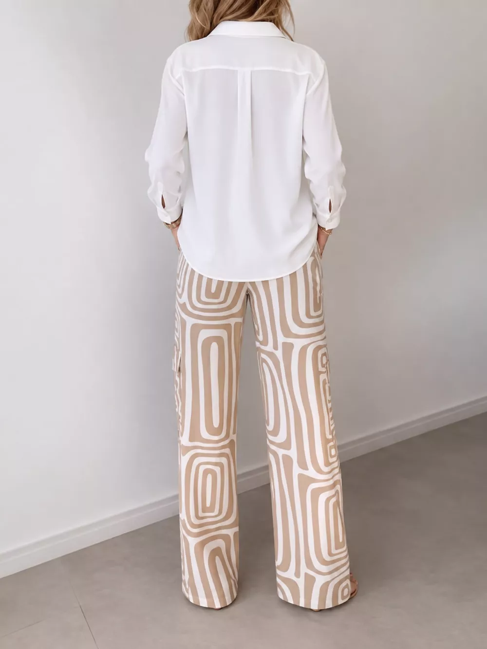 Full Size Chic Button-Down Shirt and Geometric Wide-Leg Pants Set Plus Size, image 5