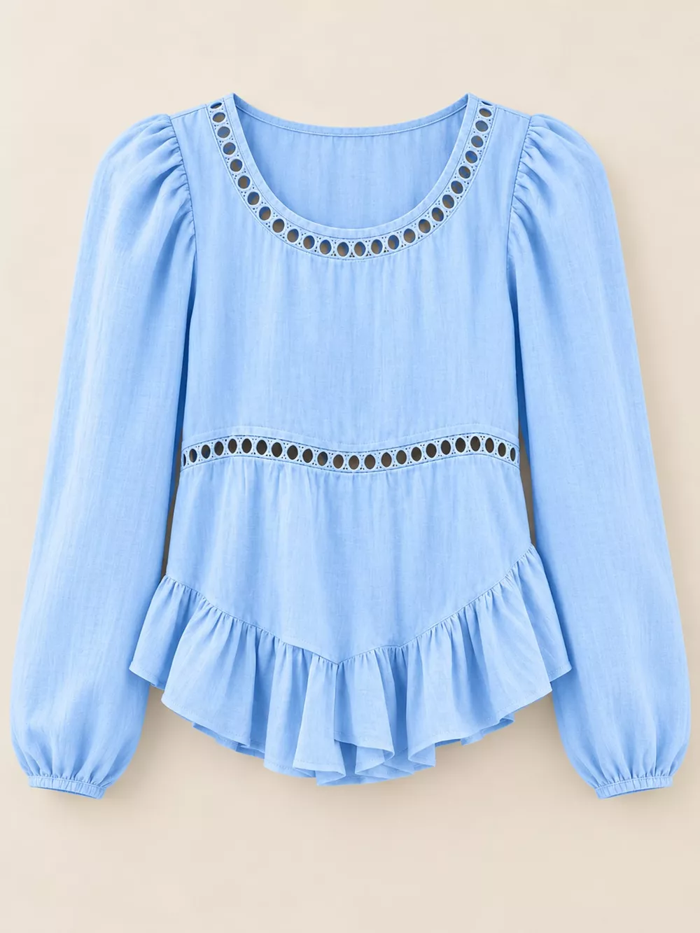Long Sleeve Blouse with Eyelet Lace Trim and Ruffled Hem, image 21