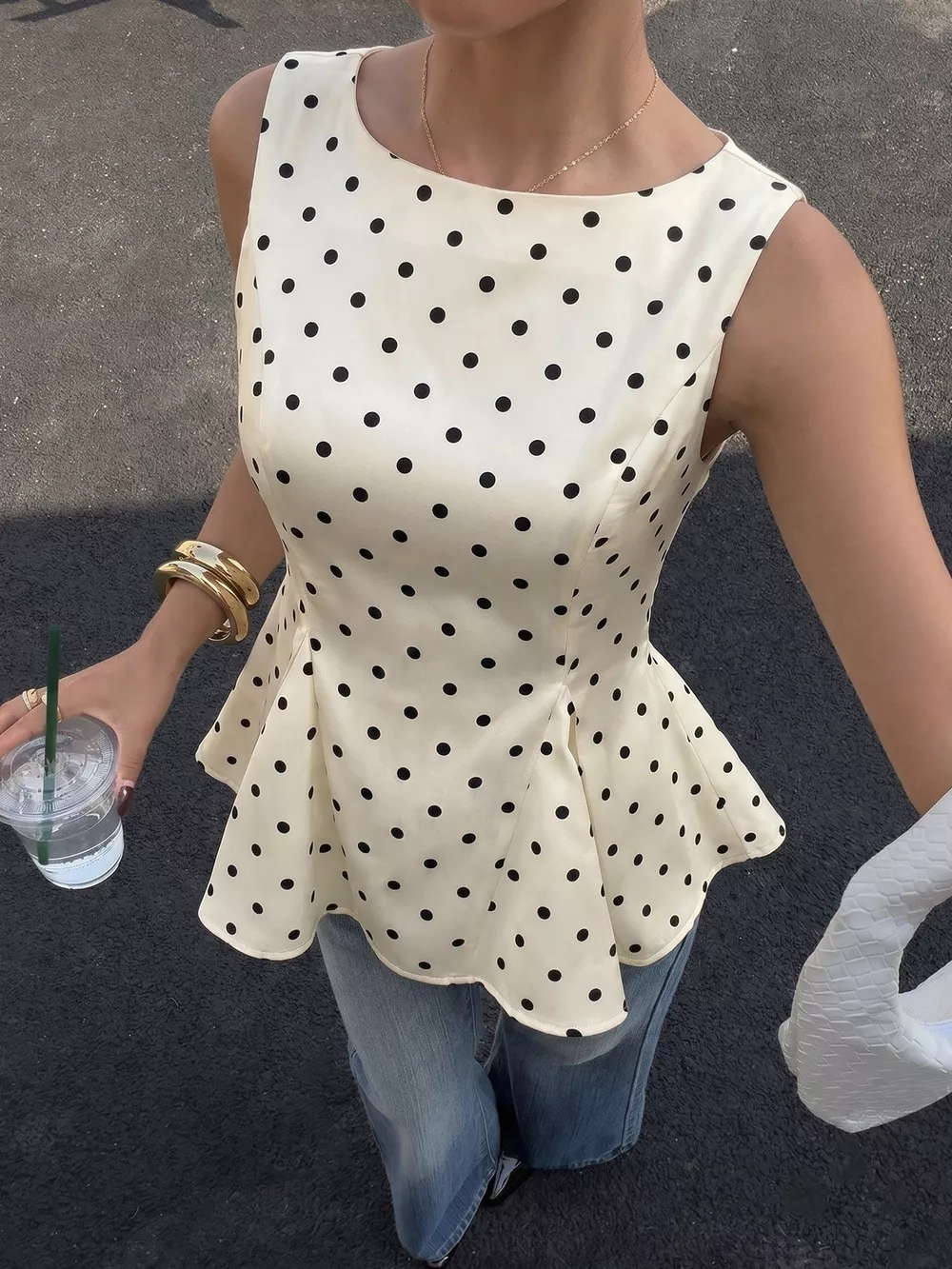 Polka Dot Sleeveless Peplum Blouse, image 4