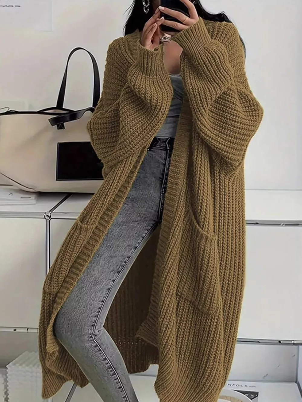 Full Size Chunky Knit Openwork Front Longline Cardigan Plus Size, image 17