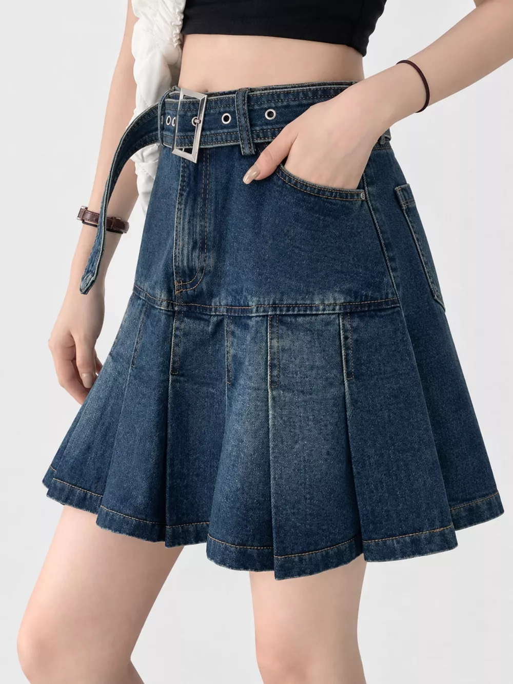 High-Waisted Pleated Denim Skirt, image 2