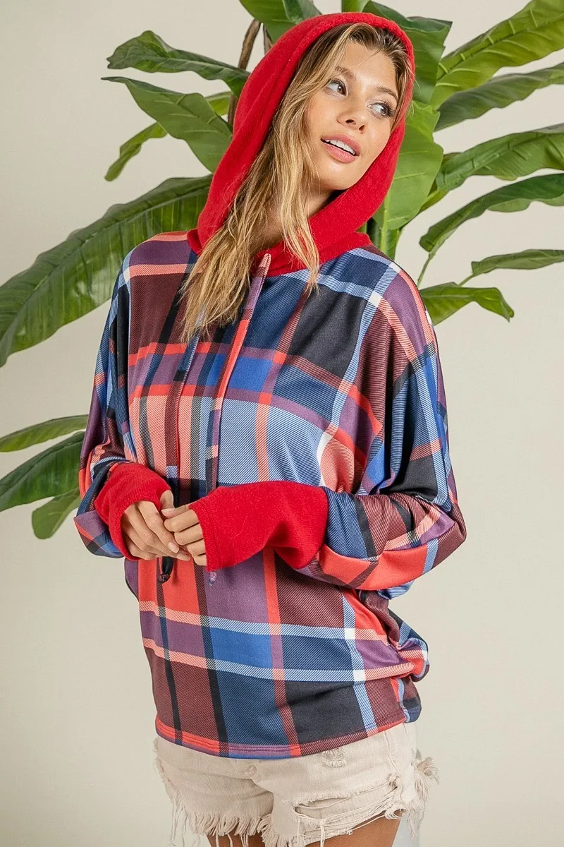 Plaid Mirr Brushed Rib Contrast Thumb Open Hoodie, image 3