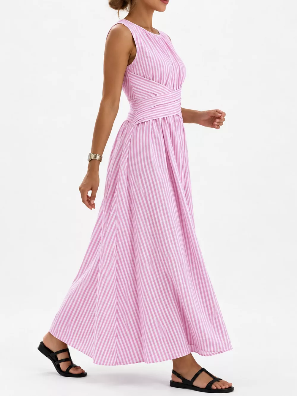 Full Size Sleeveless Striped Maxi Dress with Criss-Cross Waist Detail Plus Size, image 12