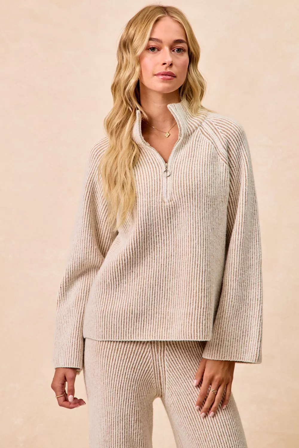 Two Tone Rib Texured Knit Collared Top with Zip Up, image 4