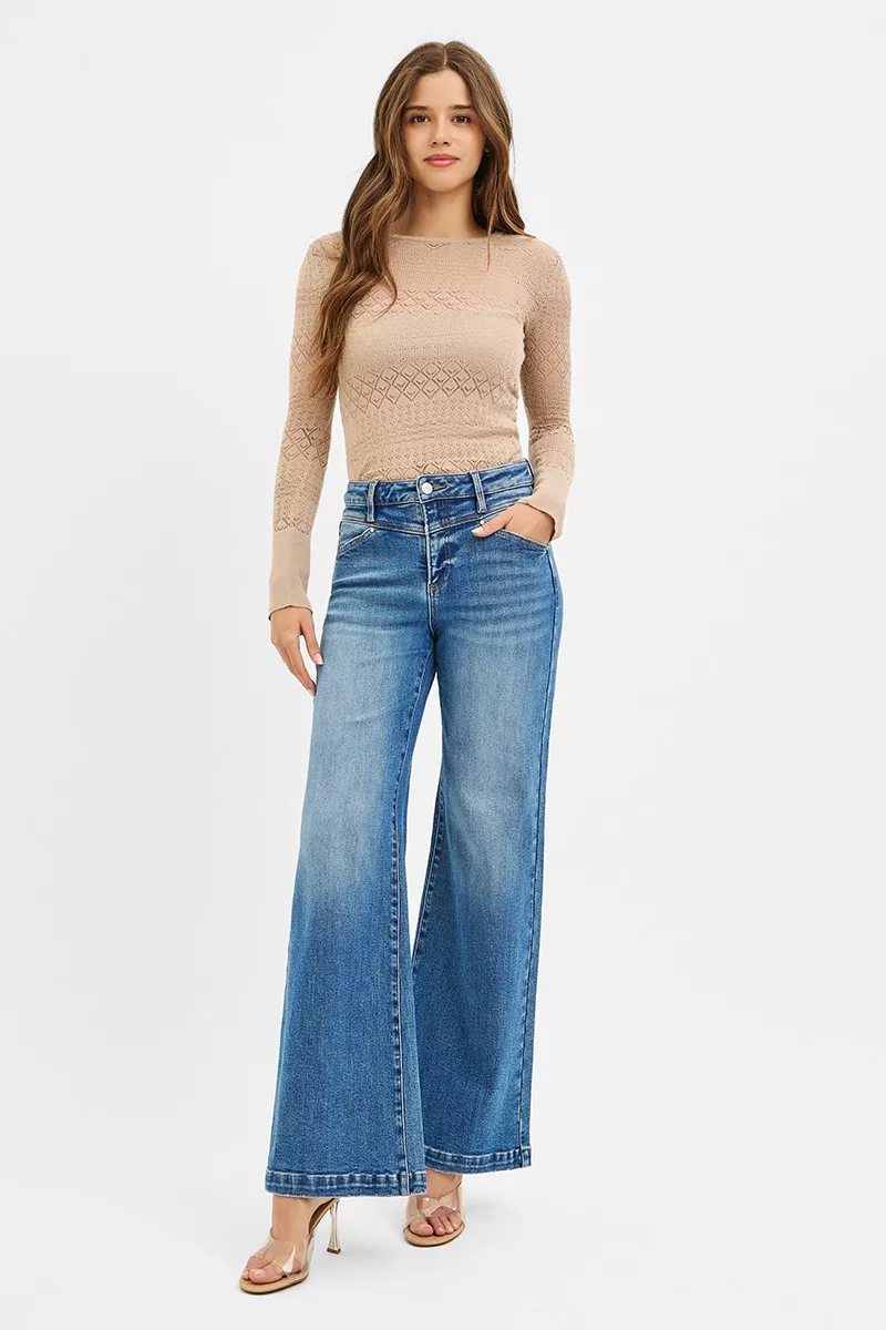 High Rise Wide Leg Jenas with Front Yoke and Heart Back Pocket, image 3
