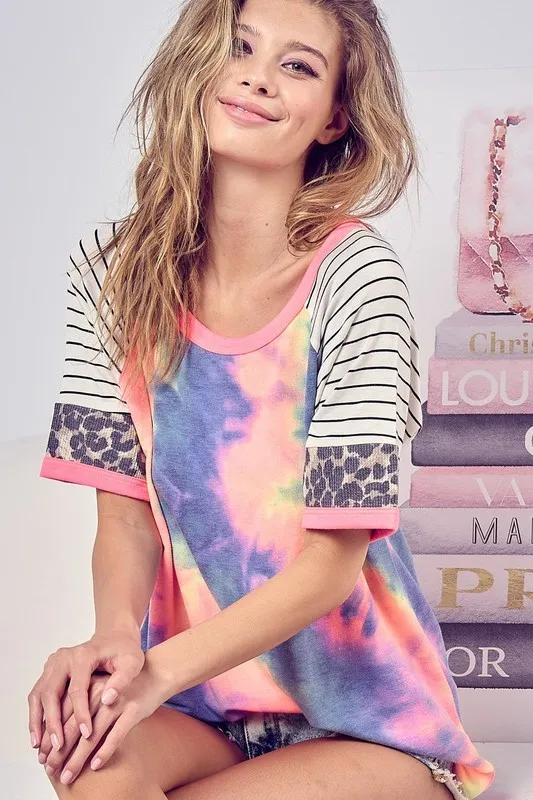 Tie Dye French Terry Top With Stripe Raglan, image 2