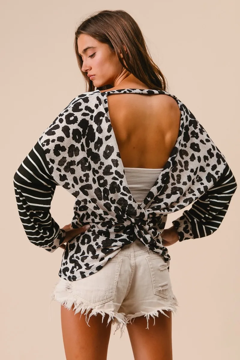 Leopard Hacci Knit Twist Back Top With Stripe Sleeve, image 9
