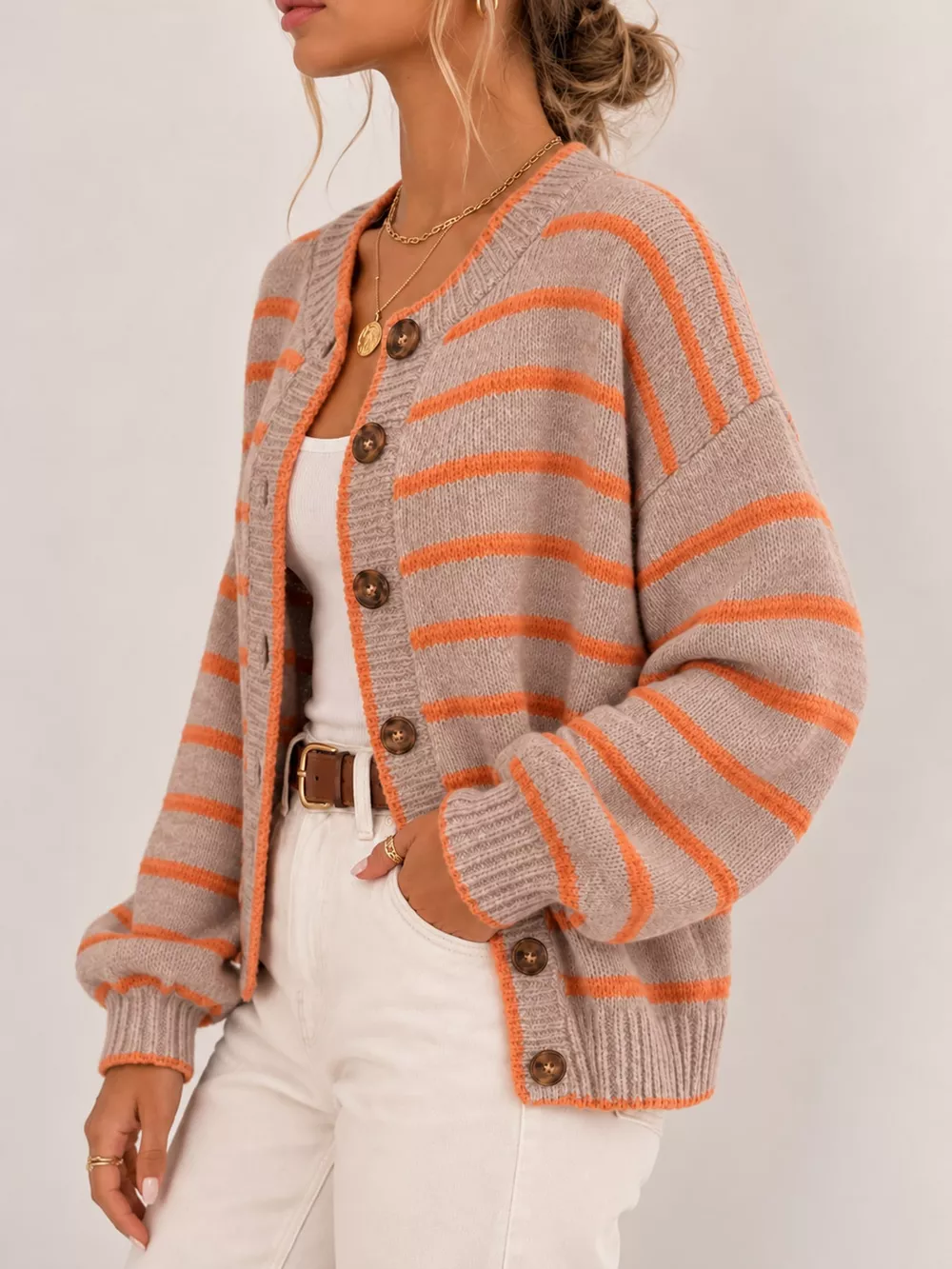 Striped Button-Down Knit Cardigan, image 8