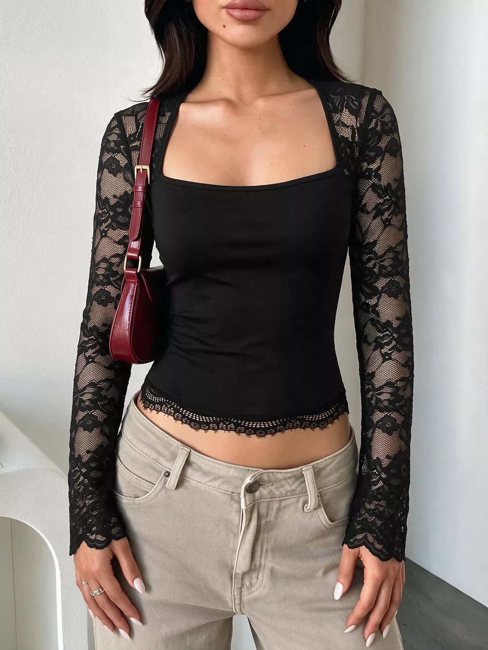 Lace Sleeve Square Neck Top, image 3