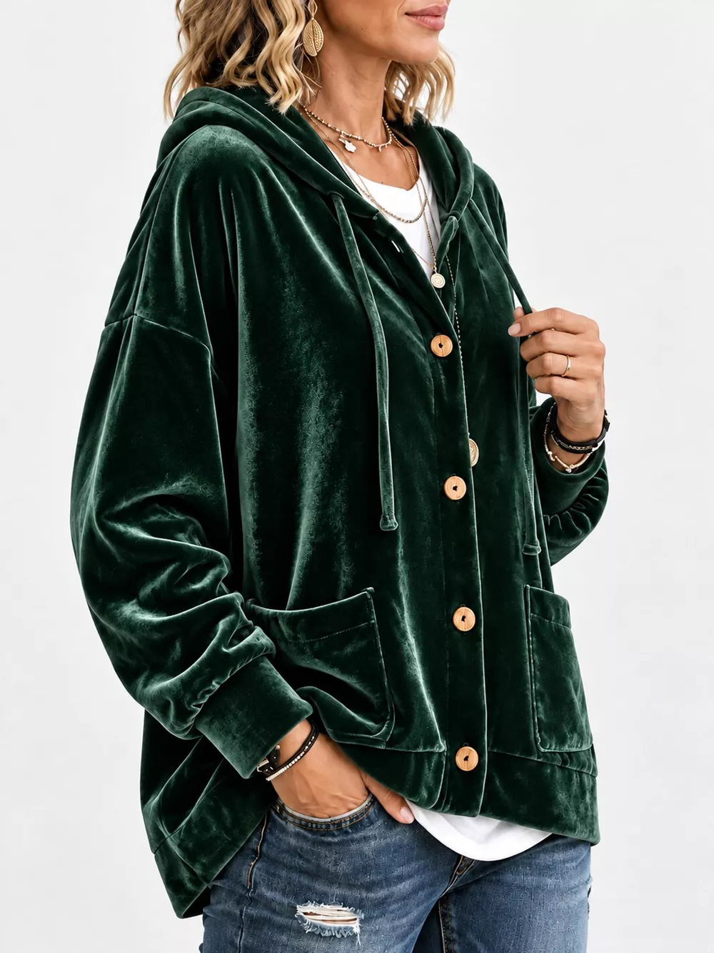 Full Size Velvet Dropped Shoulder Hoodie Plus Size, image 36