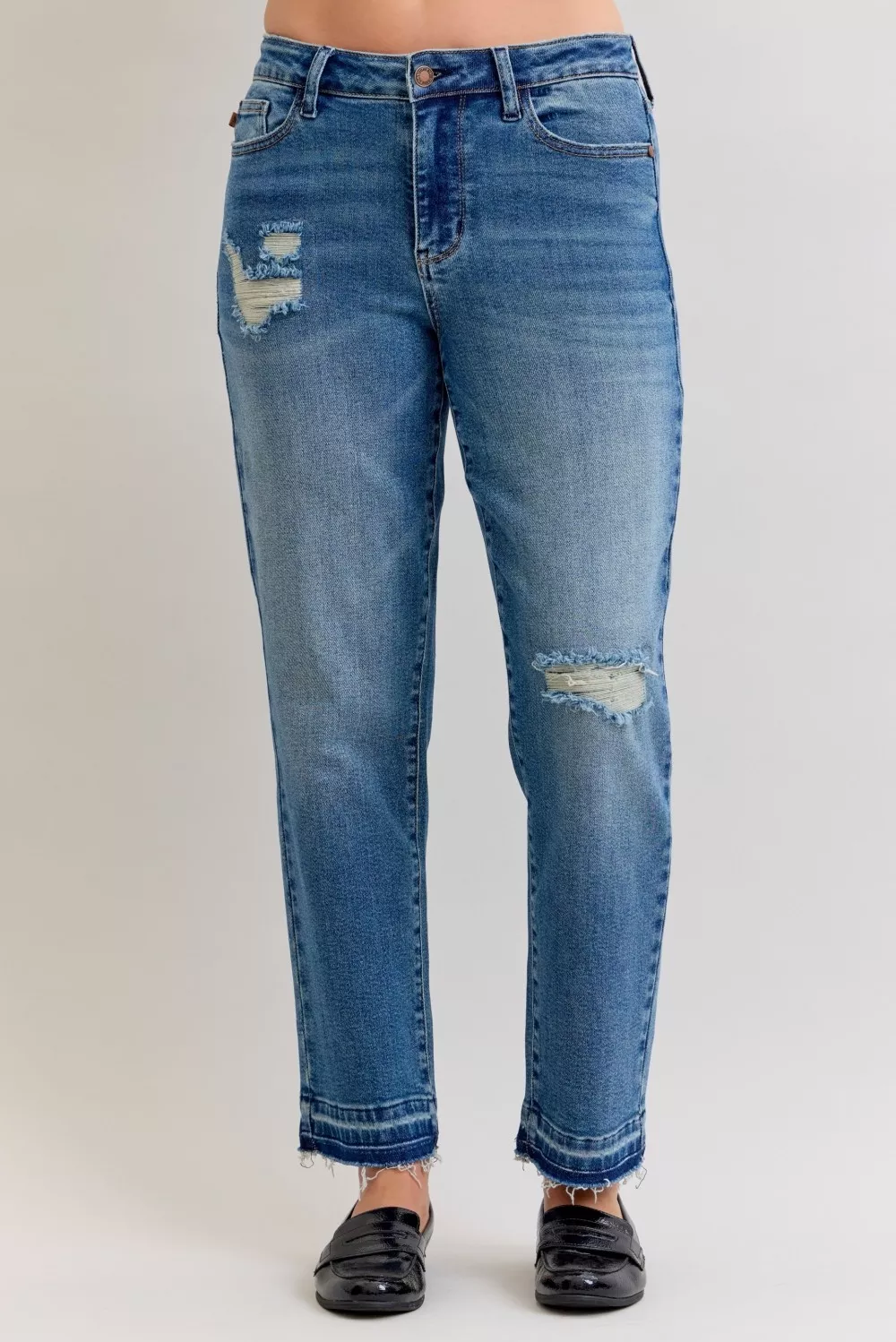 Full Size Mid Rise Bf Patch & Repair Destroy Release Hem Jeans Plus Size, image 9