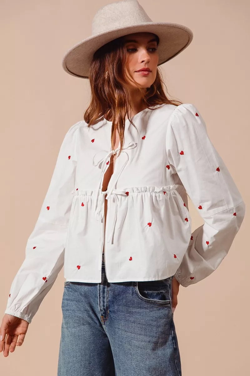Front Tie Heart Embroidered Blouse With Puff Sleeve, image 2