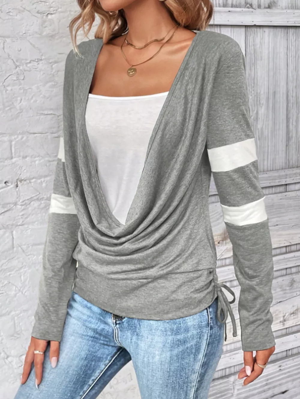 Cowl Neck Long Sleeve Fake Two-Piece T-Shirt, image 5