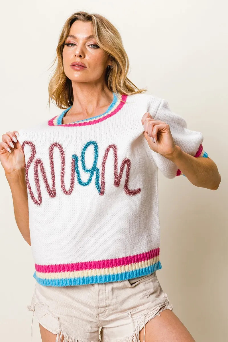 Metallic Letter Short Puff Sleeve Sweater, image 2
