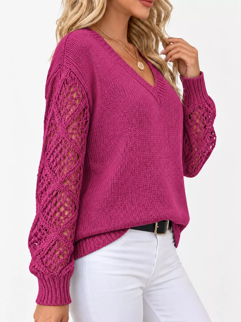 Full Size V-Neck Hollow-Out Long Sleeve Sweater Plus Size, image 16
