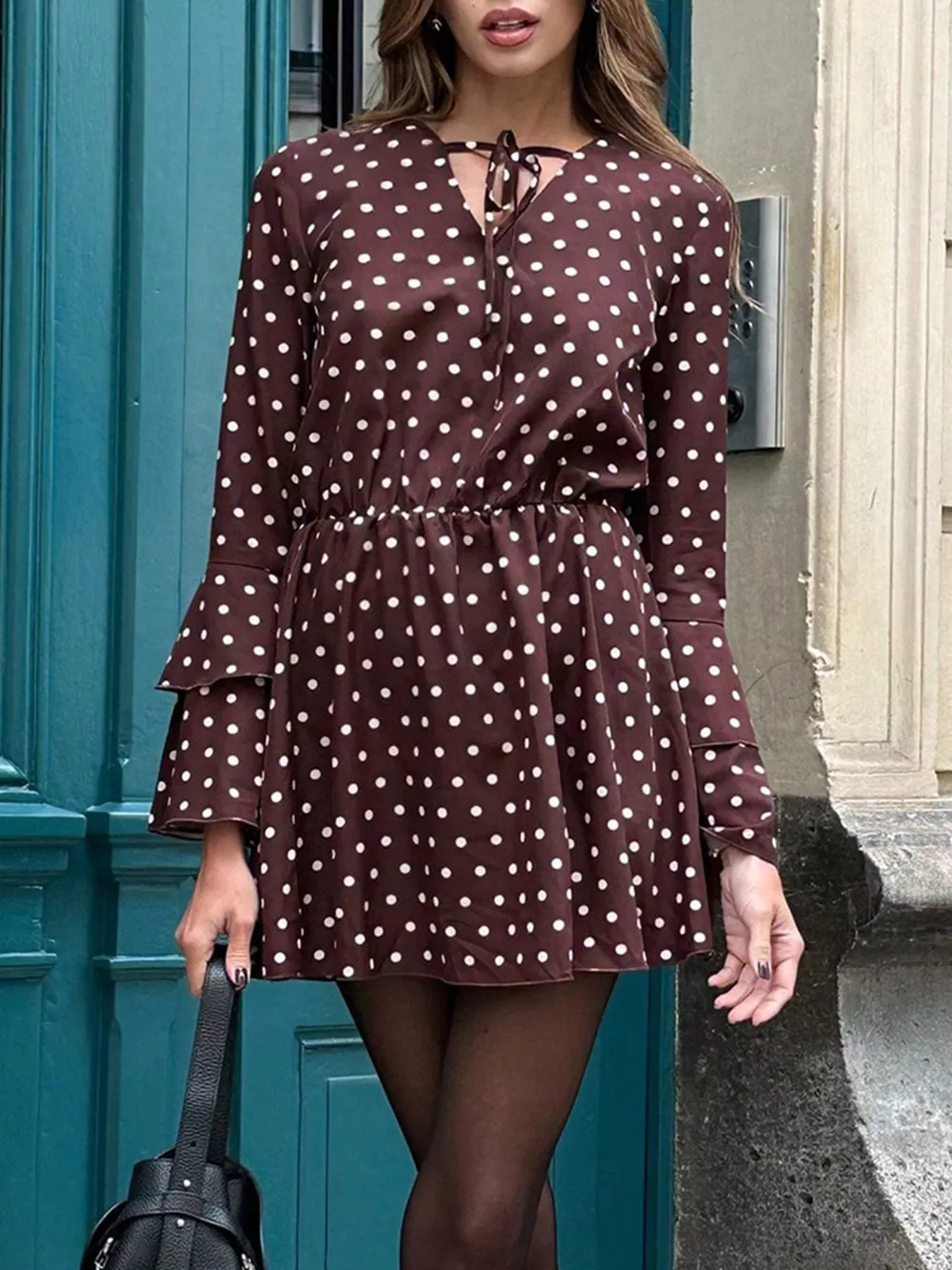 Polka Dot Long Sleeve Mini Dress, image 4