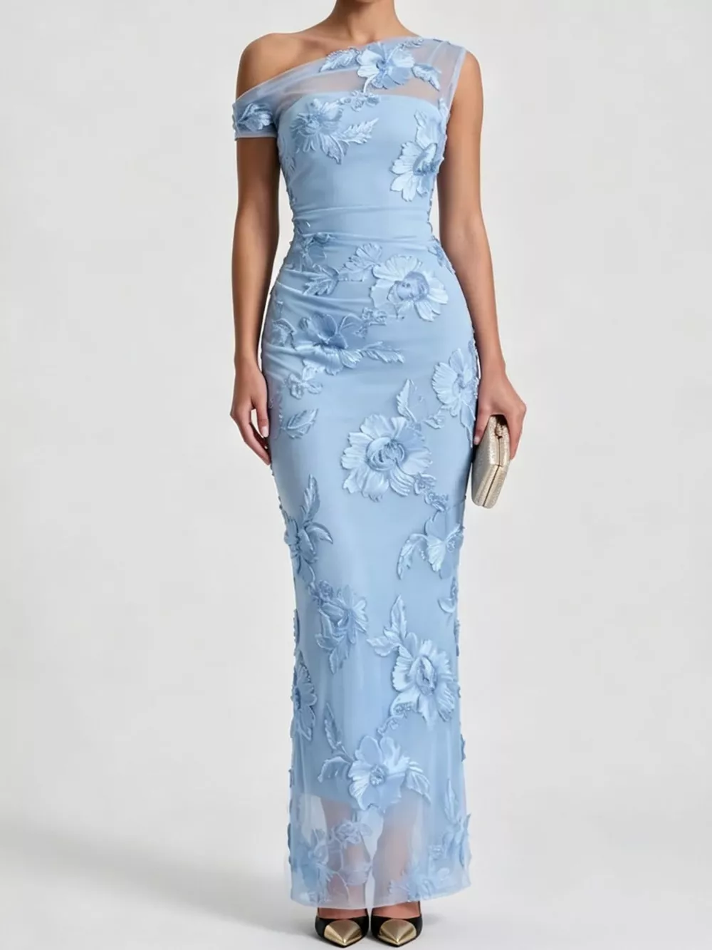 One-Shoulder Floral Embroidered Maxi Dress, image 7