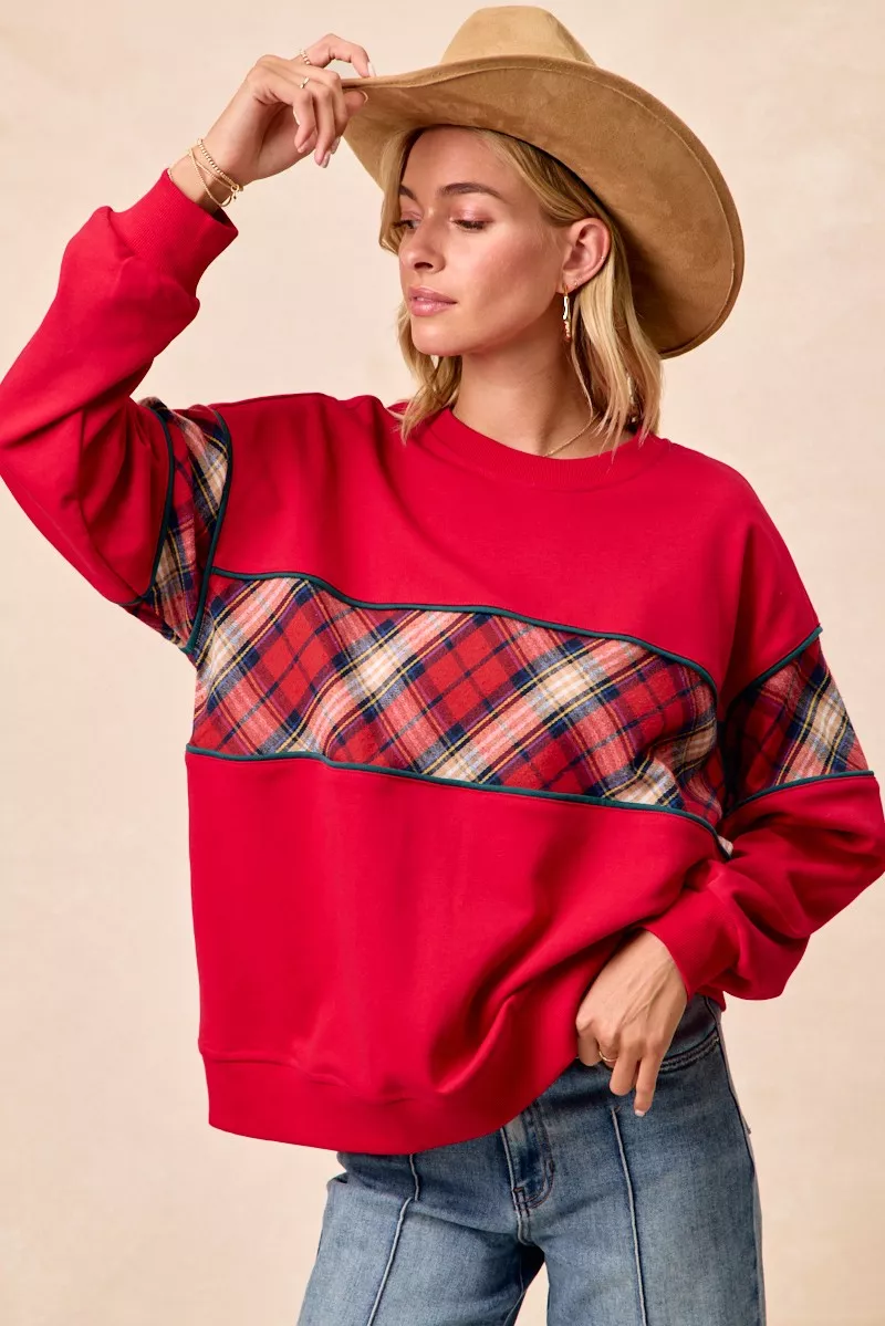 Christmas Theme Plaid Block Sweatshirt with Binding, image 2