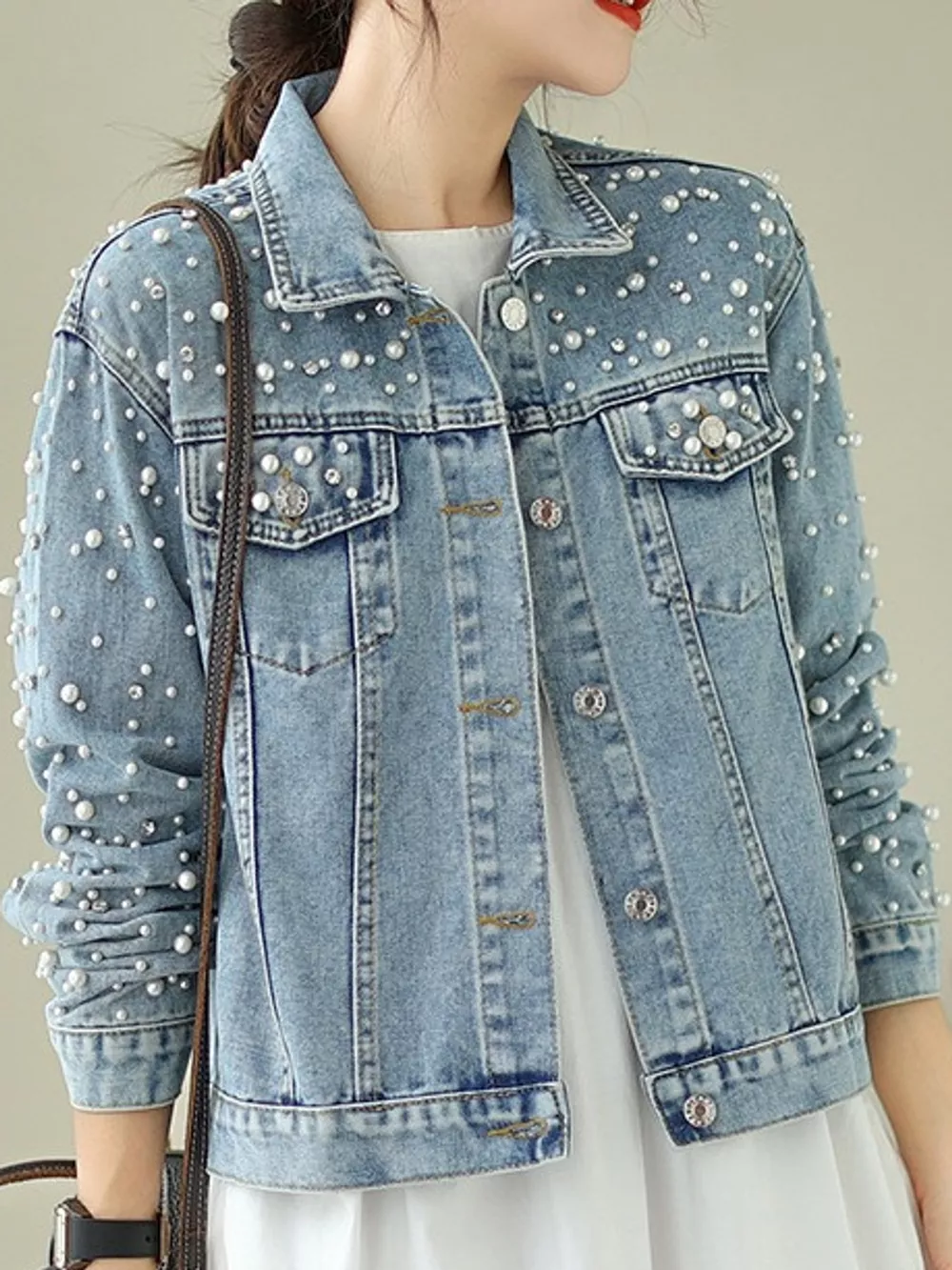 Pearl Detail Button Up Denim Jacket, image 2