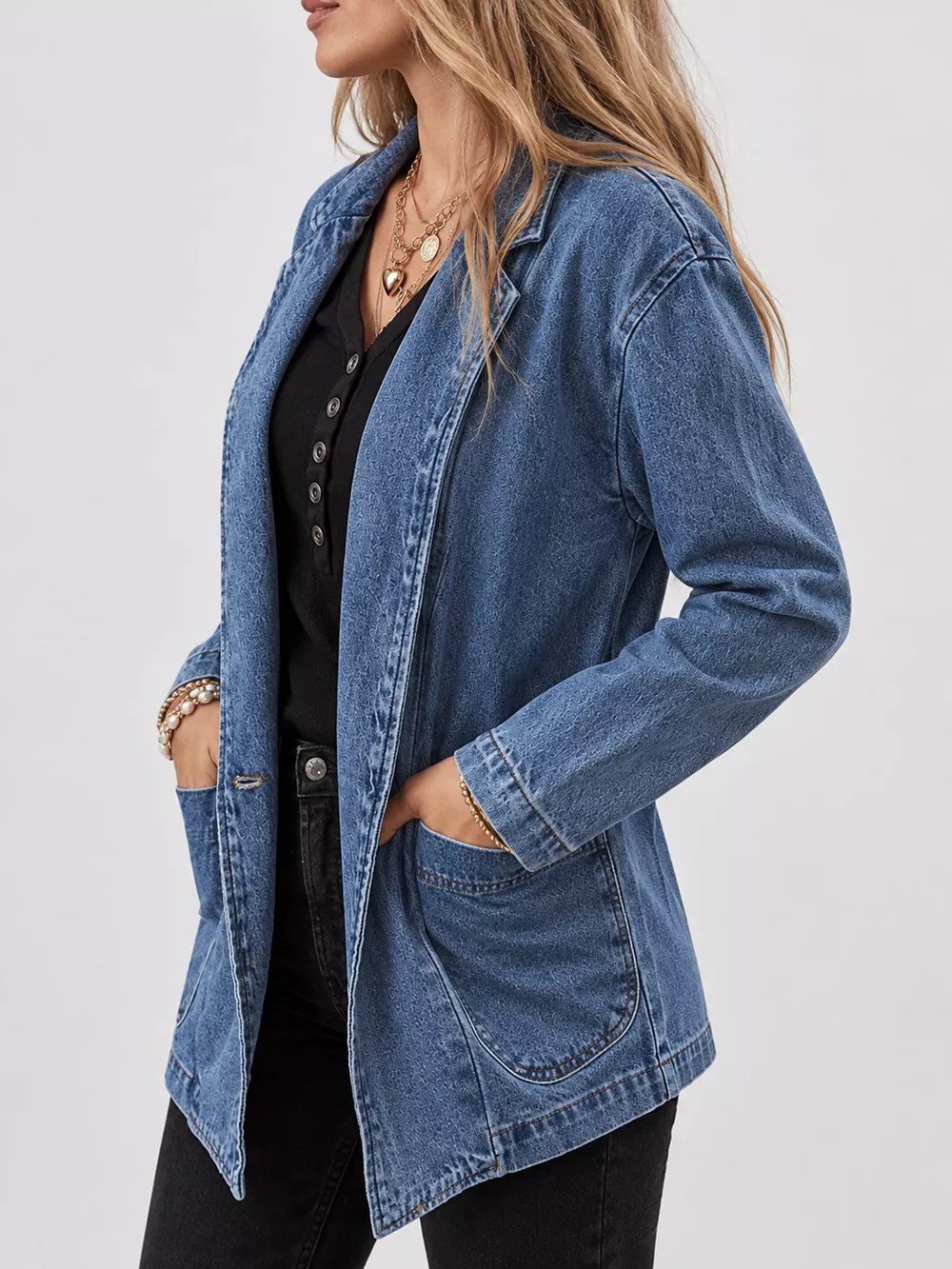 Full Size Casual One-Button Denim Blazer Jacket Plus Size, image 3