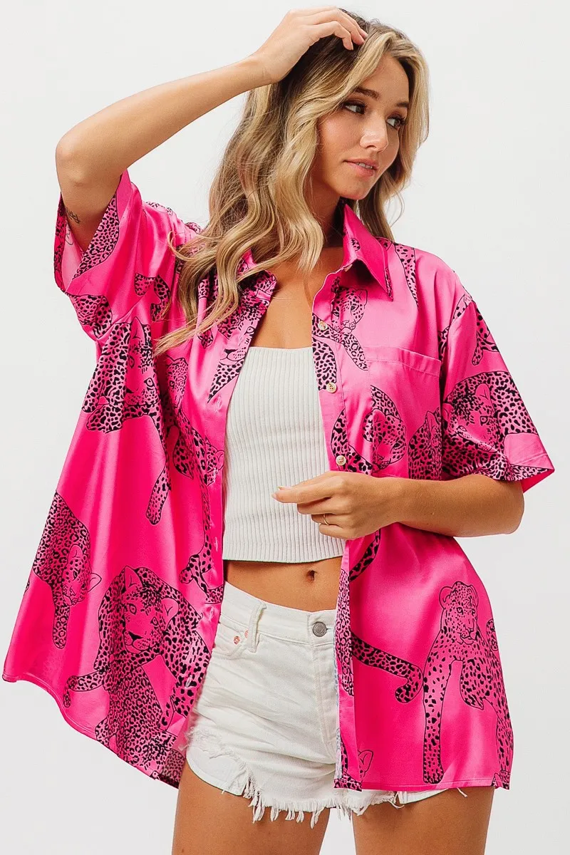 Leopard Print Short Sleeve Silky Satin Shirt Top, image 3