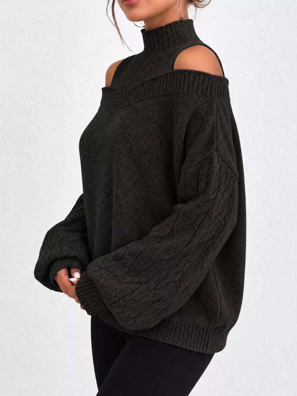 Full Size Cold Shoulder Mock Neck Cable Knit Sweater Plus Size, image 15