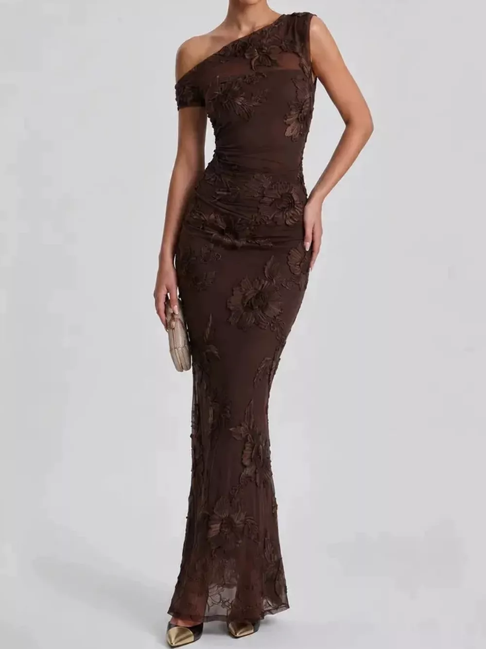 One-Shoulder Floral Embroidered Maxi Dress, image 13