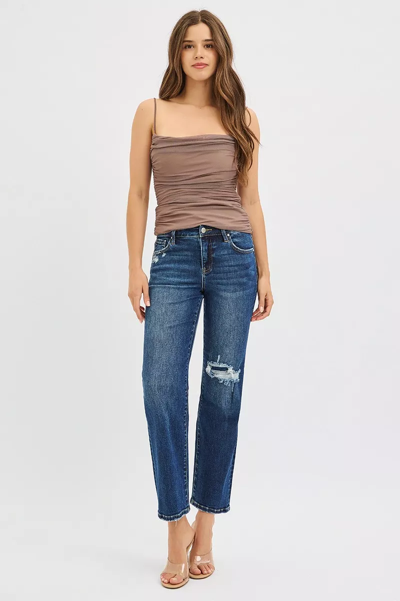 High Rise Crop Slim Straight Jenas with Hidden Knee Patch, image 3