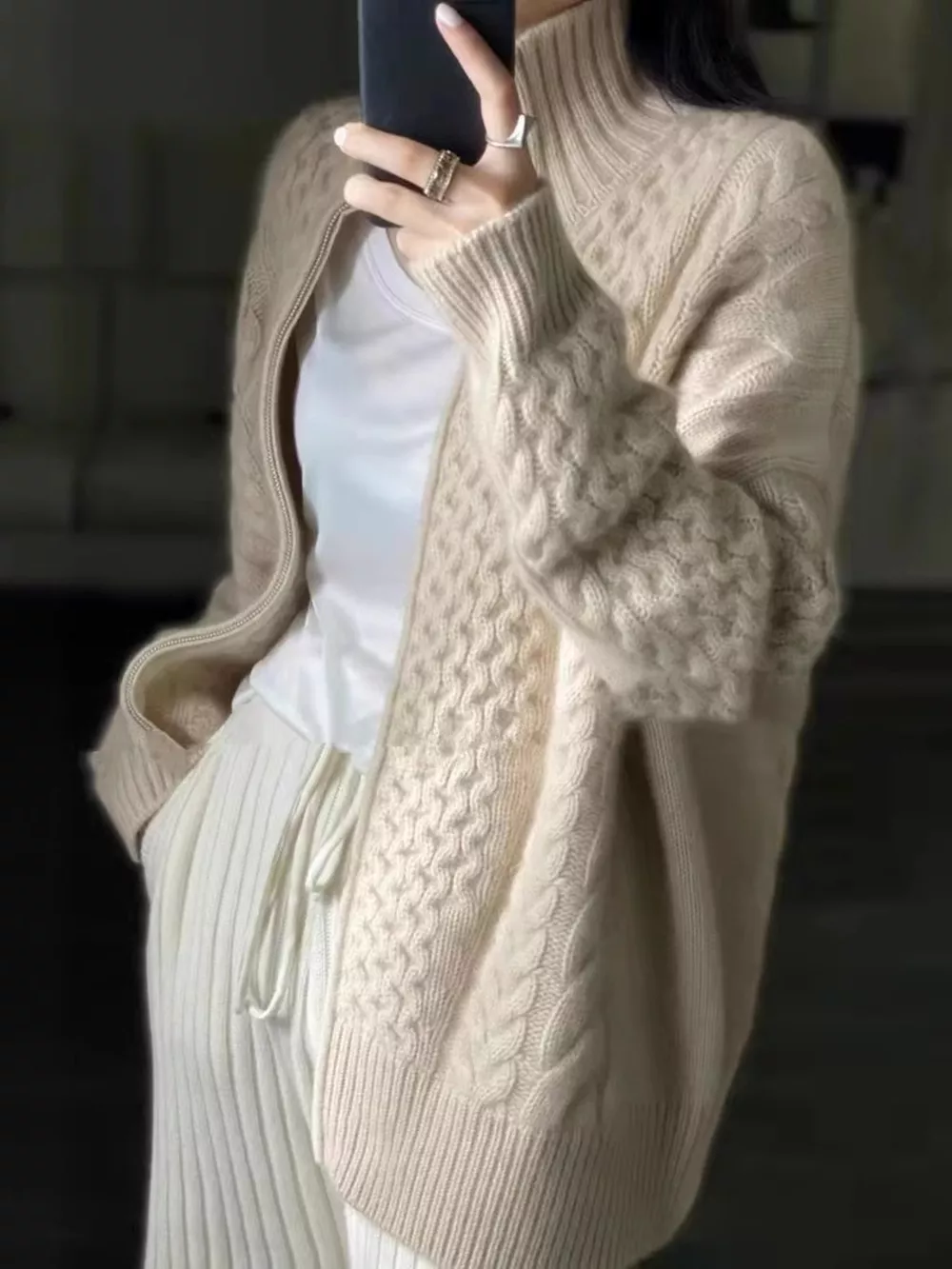 Full Size Cable-Knit Zip-Up Cardigan Plus Size, image 3