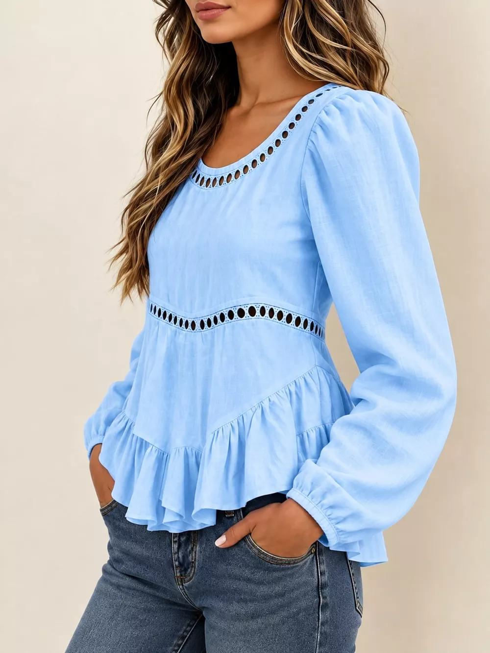 Long Sleeve Blouse with Eyelet Lace Trim and Ruffled Hem, image 19