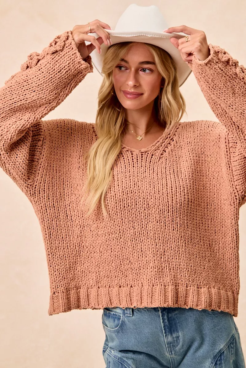 Chunky Knit Sweater with Flower Detail Sleeves, image 5