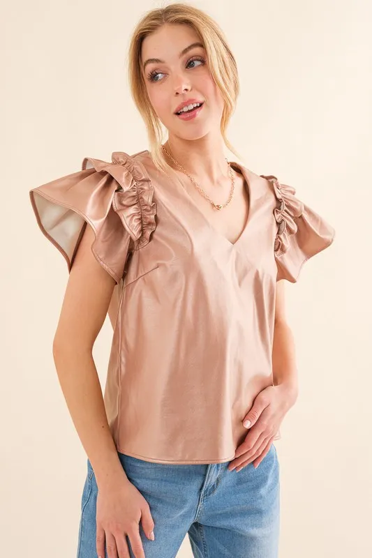 Faux Leather Ruffle Sleeves V Neck Top, image 4