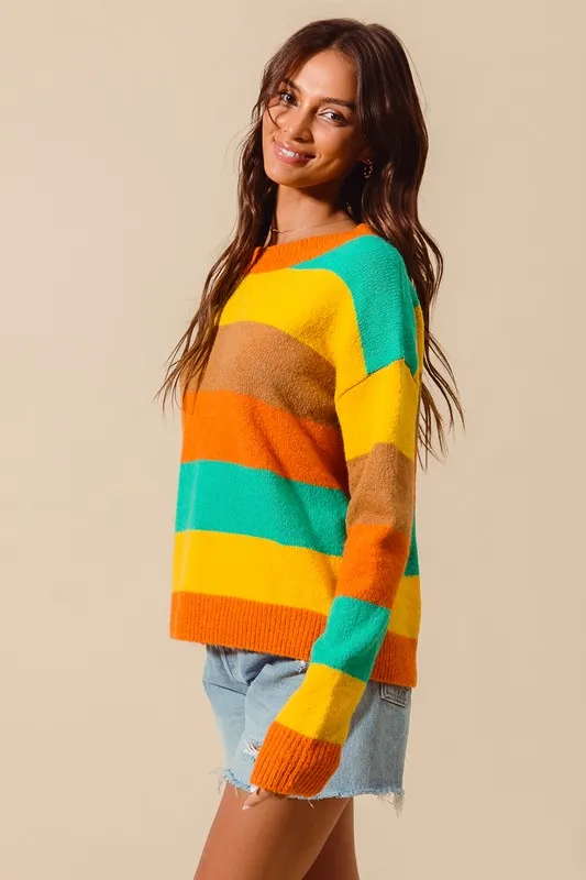 Multi Color Stripe Sweater with Ribbed Detail, image 3