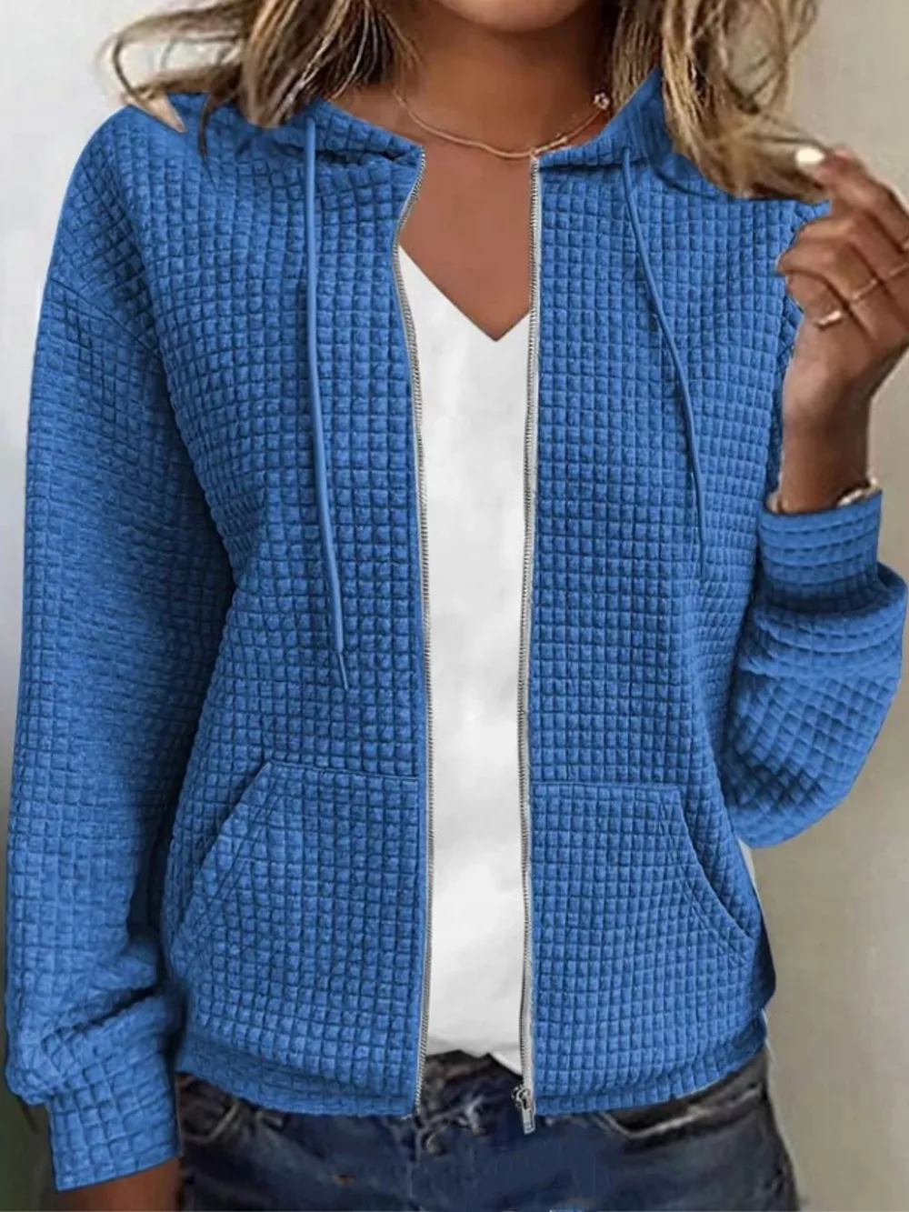 Waffle Knit Zip-Up Hoodie with Drawstring and Pockets, image 15
