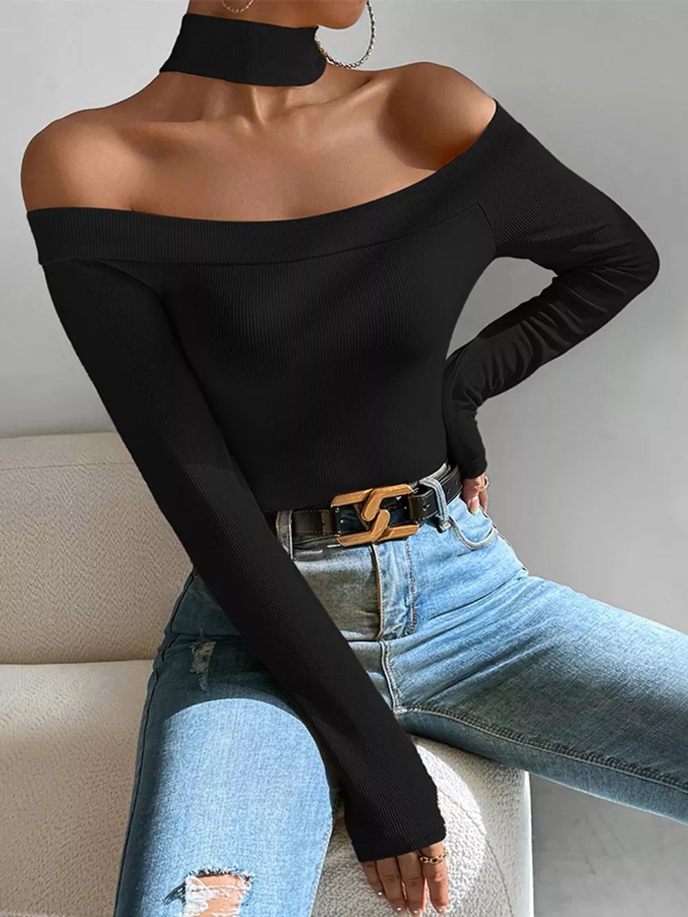 Off-Shoulder Ribbed Knit Long Sleeve T-Shirt with Choker Neck, image 2